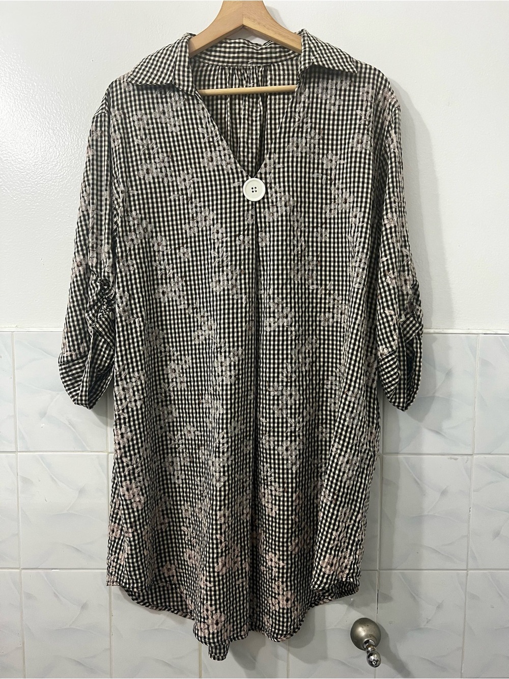 Black White Cottage Gingham Lagenlook Floral Lightweight Mini Shirt Dress OS